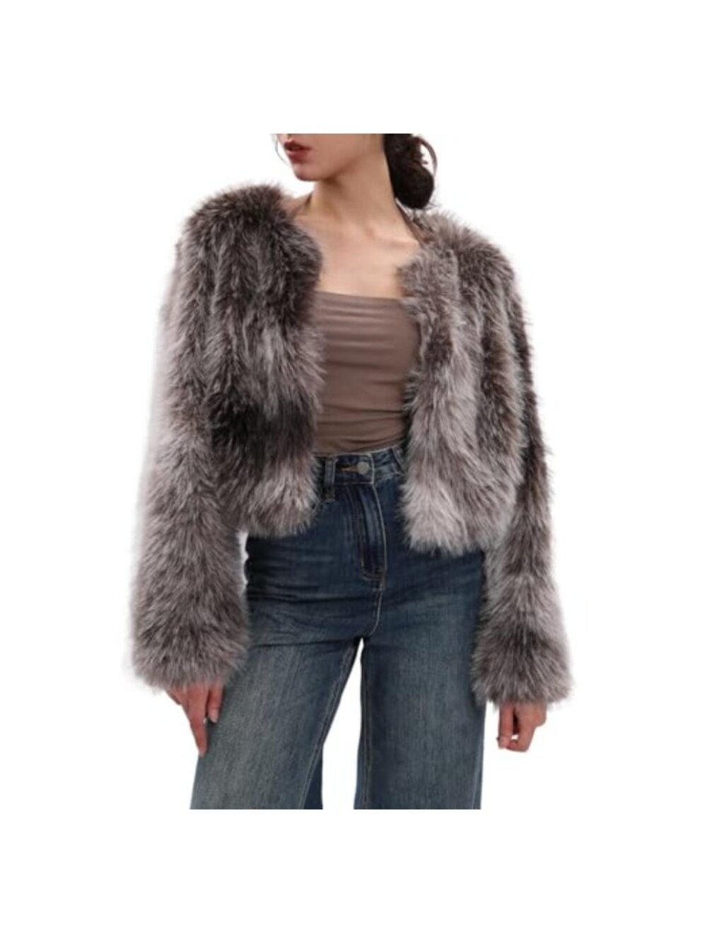 Faux Fur Open Front Cardigan Long Sleeve Winter Jacket with Pockets